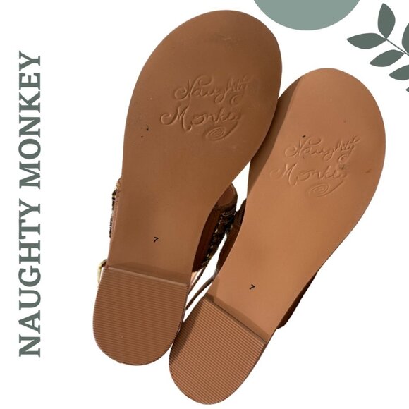 Boho Trimmed T-Strap Sandals by Naughty Monkey Brown Leather Gold Sequins Size 7 - Picture 6 of 8
